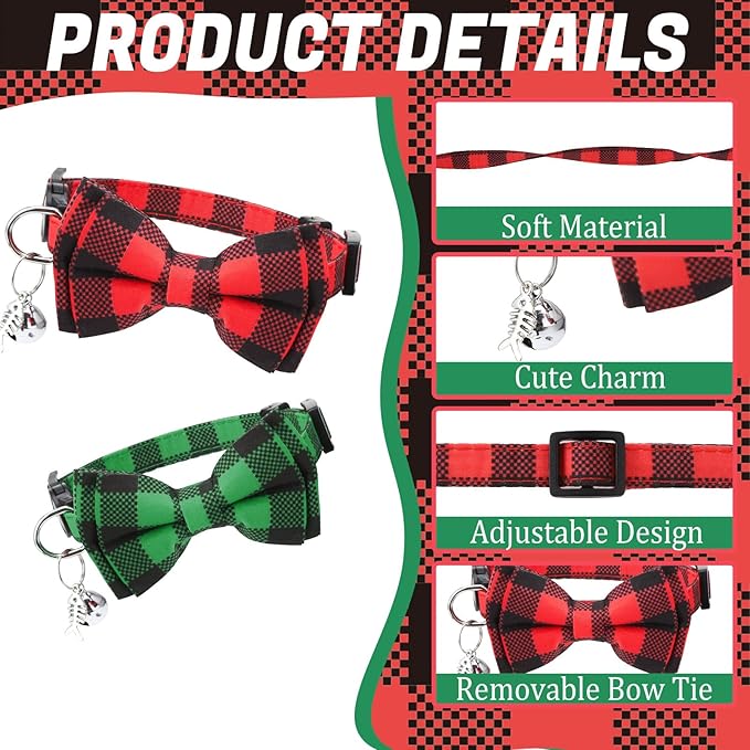 6 Pack Breakaway Cat Collars with Bow Tie and Bell Classic Plaid Kitten Cat Collars Adjustable Cat Bowtie Collar with Pendants for Girl Boy Kitten Cats