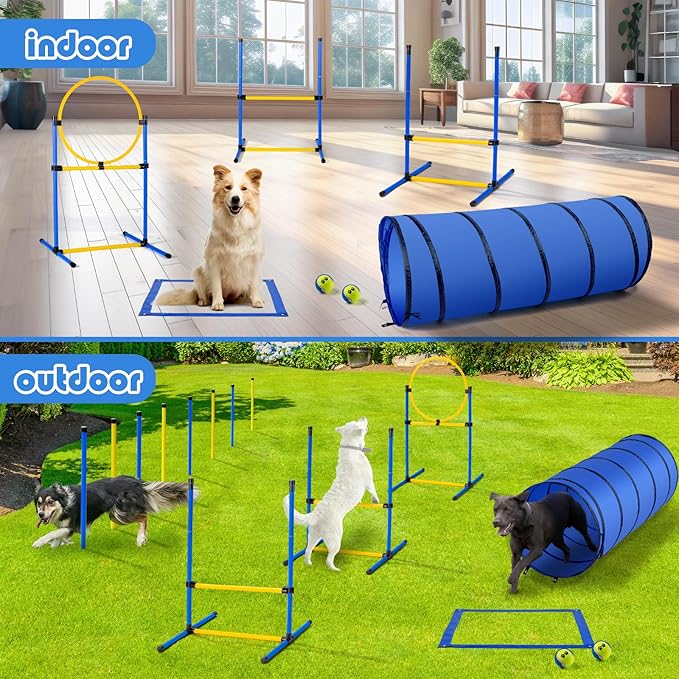 Dog Agility Course Backyard Set，Dog Agility Equipment, Dog Obstacle Course Backyard With 2-Set Agility Hurdle ，Jump Ring, 8 Weave Poles, Tunnel, Pause Box, Toy Balls And 2 Portable Carrying Bags
