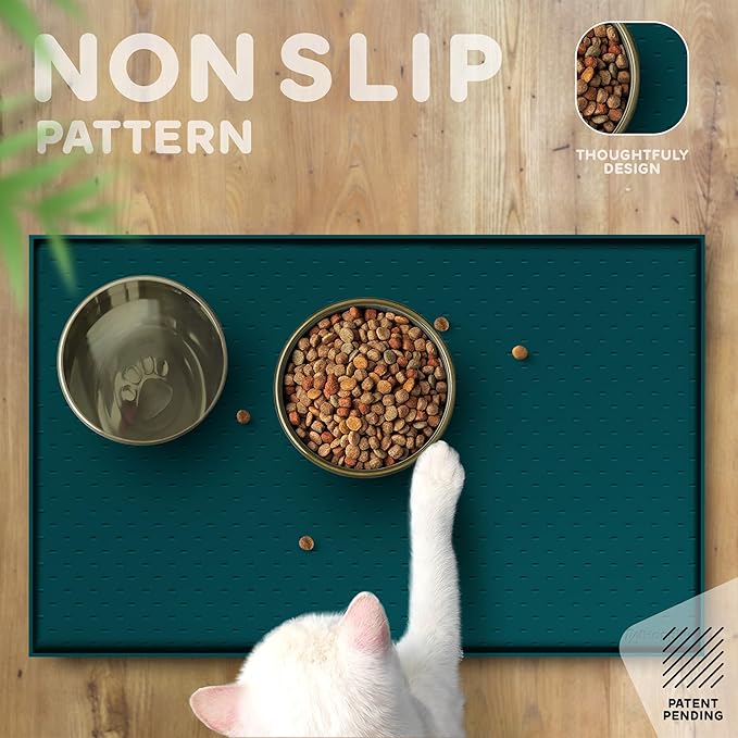 Dog Food Mat - Raised Edges Dogs Mat for Food and Water Prevent Spill, Waterproof Cat Food Mats Protect Floors, Easy Clean Dog Bowl Mats for Food and Water, Silicone Pet Food Tray
