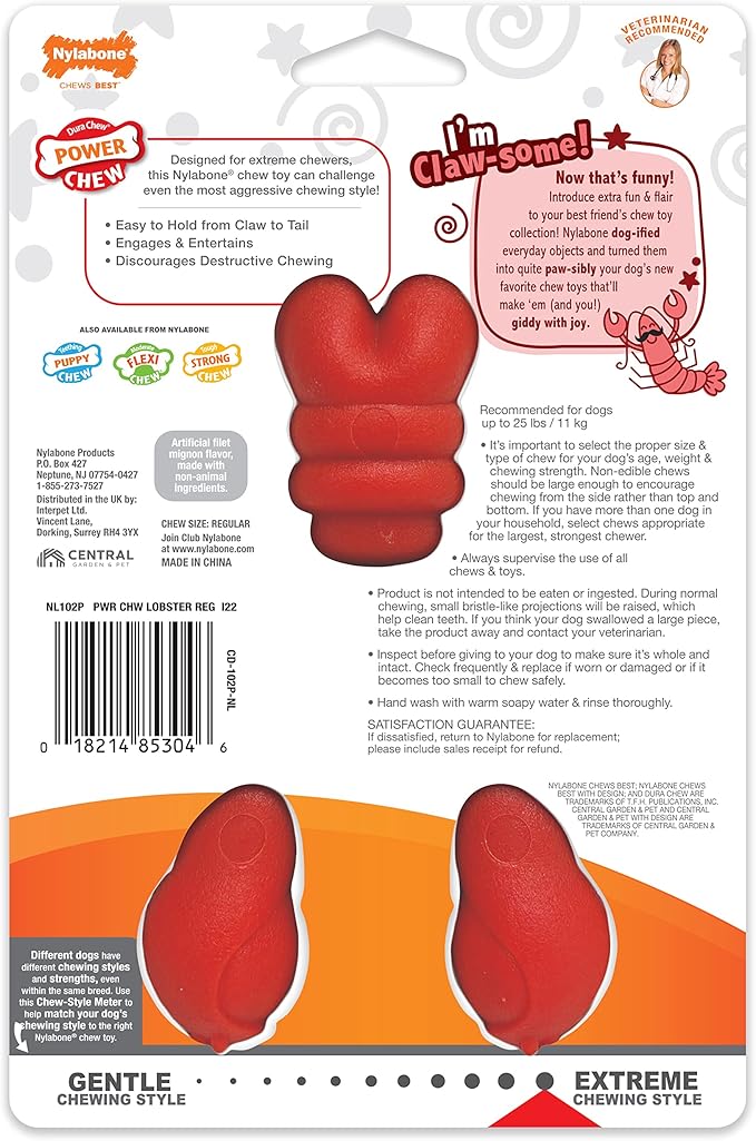 Nylabone Lobster Power Chew Toy for Dogs, Dog Toys for Aggressive Chewers, Filet Mignon Flavor, Small Dogs - Up to 25 Ibs, 1 Count