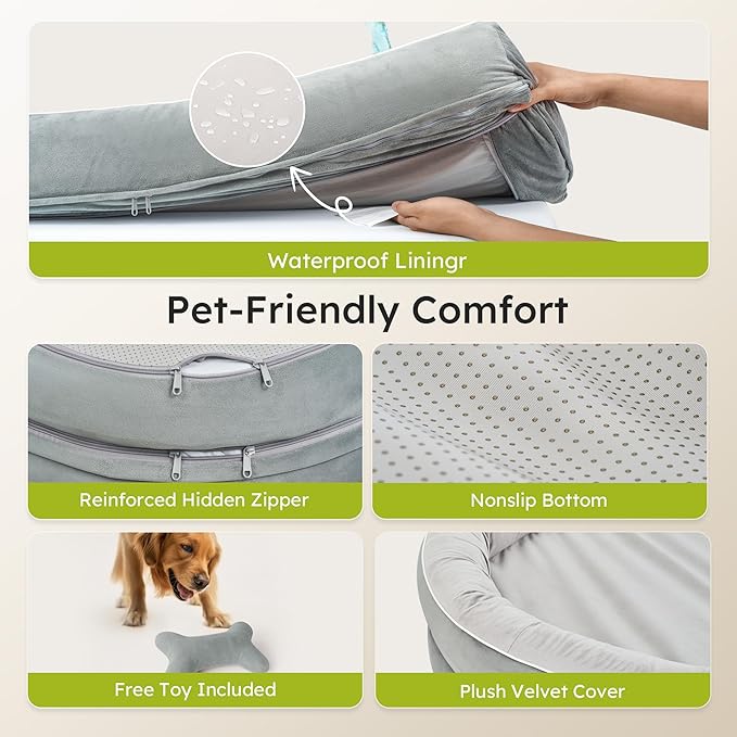 XXL Orthopedic Dog Bed, 53 in. Dog Bed for Large Sized Dogs with Full-Surround Bolsters, Dual-Sided Dog Cooling Beds with Memory Foam, Washable Pet Sofa Couch with Nonslip Bottom, Light Grey