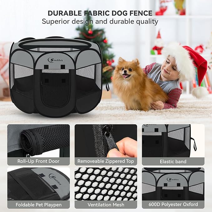 Dog Cat Playpen, Puppy Pet Playpen Indoor for Dog Crate Tent Cage Outdoor, Portable Pop Up Dogs Enclosure Kennel with Carrying Case for Dogs/Cats/Rabbits (Dark Grey, Medium)