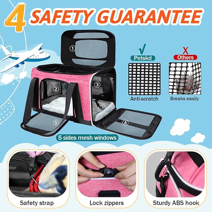 Petskd Top-Expandable Pet Carrier 17x11x9.5 Inches Alaska Airline Approved, Soft-Sided Carrier for Small Cats and Dogs with Locking Safety Zippers and Anti-Scratch Mesh(Pink)