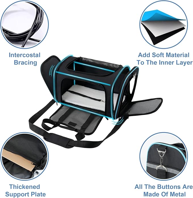 Soundy Large Cat Carrier Dog Carrier Under 25 Lbs,Collapsible Ventilated Portable Pet Bag with Soft Sided Breathable Mesh for Long Car Trips Maxi Load 2 Kittens or Small, Medium Dog (Large Black)