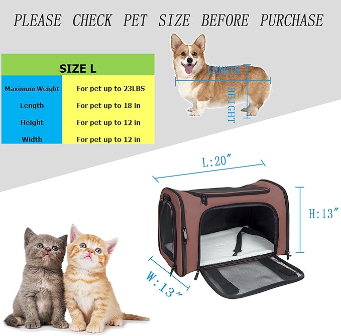 Soft Sided Carrier for Small Medium Cats Dogs,Removable Pad Collapsible Travel Pet Carrier Large Brown