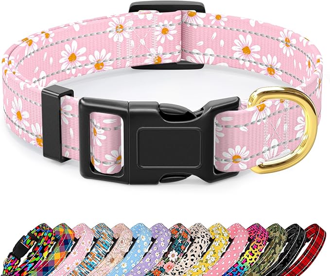 Reflective Dog Collar for Large Dogs, Cute Daisy Theme Adjustable Heavy-Duty Nylon Puppy Collar for Boy and Girl Female, Soft Pet Accessories with Quick Release Buckle, Neck 16-24", Pink
