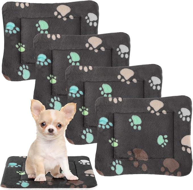 Tuanse 4 Pack Ultra Soft Dog Cat Bed Mat Small Animal Guinea Pig Bed with Cute Print Reversible Fleece Dog Crate Kennel Pad Cozy Washable Thickened Hamster Pet Beds Mat(13 x 19 Inches,Black)