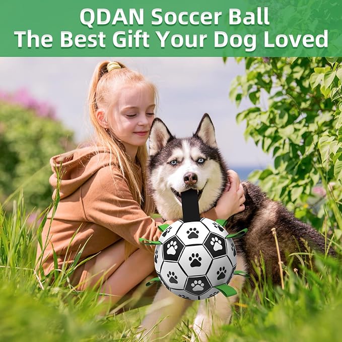 QDAN Dog Toys Extra Large Soccer Ball with Straps, Tug Toy, Water Toy, Durable Dogs Balls World Cup for Large（9 Inch）
