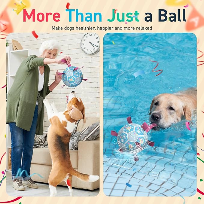 QDAN Dog Birthday Toys, Soccer Ball for Dogs with Straps, Dog Ball Toy, Puppy Birthday Gifts, Durable Herding Balls for Medium Large Dogs (8 inch)