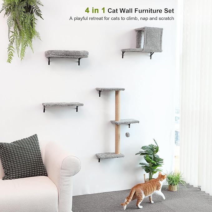 FUKUMARU Cat Wall Shelves, Stable & Safe 4 in 1 Cat Furniture Set, Wooden Climbing Wall with Scratching Post for 16 Inch Drywall - Light Gray