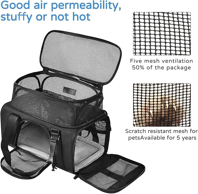 Airline Approved Pet Carrier, Collapsible Cat Carrier, Expandable Dog Carrier, 900D High Density Oxford Cloth, Wear-Resisting, Anti Tearing, Safety Lock Zipper, Reflective Tape