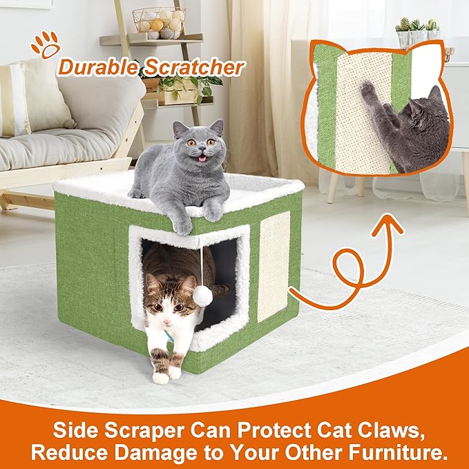 Cat Houses for Indoor Cats - Large Cat Bed Cave with Scratch Pad and Fluffy Ball, Foldable Cat Condo Hideaway with Reversible Cushion for Multi Small Pet, Green