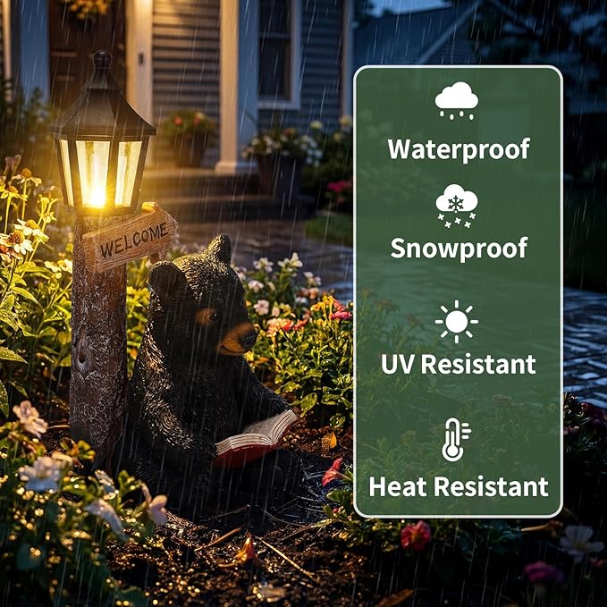 Lyeasw Garden Statues Bears, Solar Reading Bear Statue with Welcome Sign Decor, Bear Figurine Lights for Outside, Patio, Lawn, Garden Decor Birthday Housewarming for Women, Mom