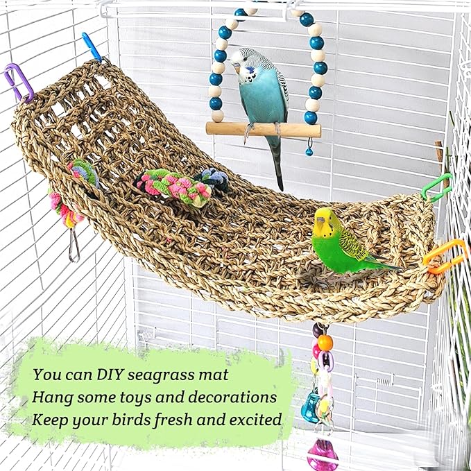 Bird Seagrass Mat 16 × 7" Parrot Natural Grass Woven Net Hammock Parakeet Climbing Rope Ladder Mat Chew Toys Cage Accessories for Pigeon Cockatiel Conure Budgie Cockatoo Rat Hamster