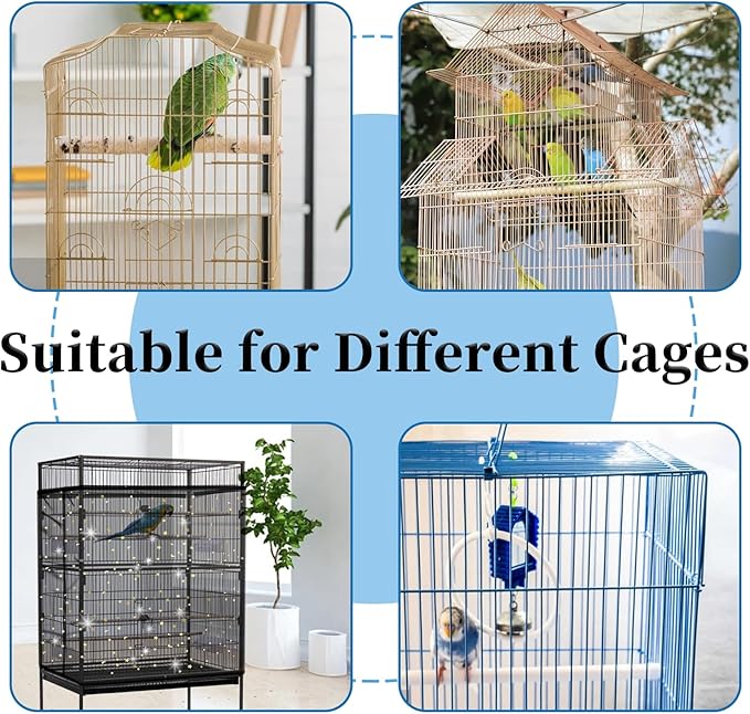 Daoeny Bird Cage Seed Catcher, Large Bird Cage Cover, Adjustable Soft Airy Nylon Mesh Net, Birdcage Cover Skirt Seed Guard for Parrot Parakeet Macaw African Round Square Cages (Black, Sequins Star)