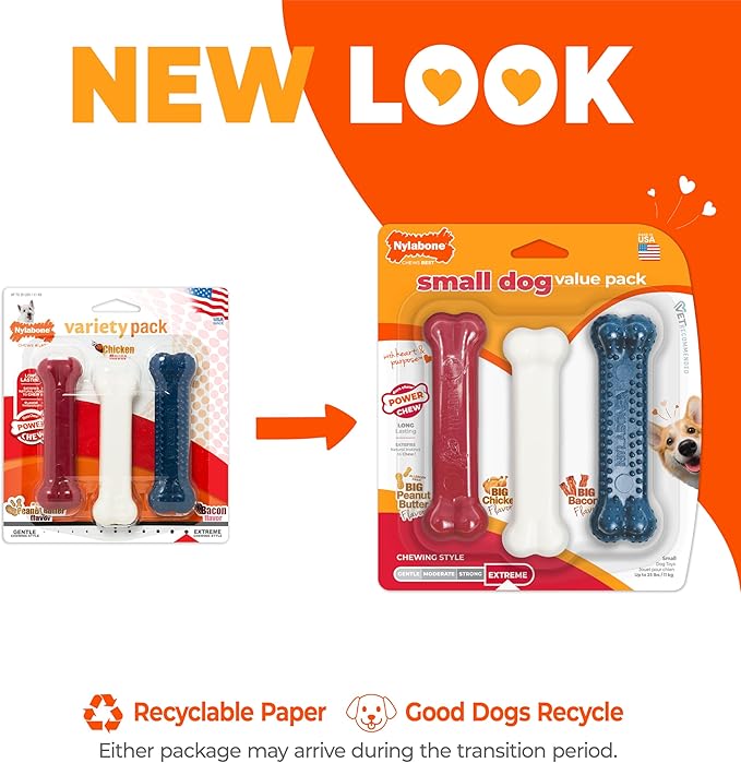 Nylabone Original Bone Power Chew Toy Value Pack for Dogs, Durable Dog Toys for Aggressive Chewers, Long Lasting Chicken, Bacon, and Peanut Butter Flavor, Small Dogs - Up to 25 Ibs, 3 Pack