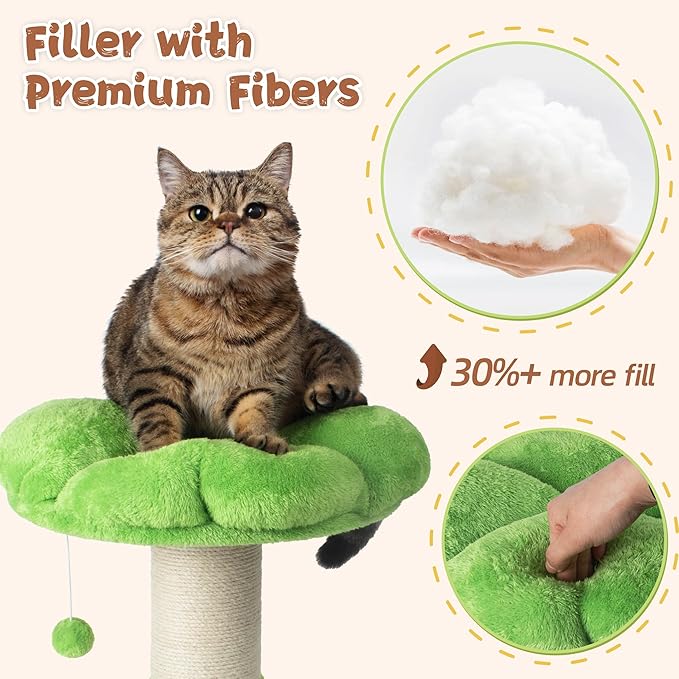 Fantasreen Scratching Post 25 Inch Tall Cat Scratcher for Indoor, Interactive Ball, Small Cat Tree with Bed for Kittens and Large Cats, Green