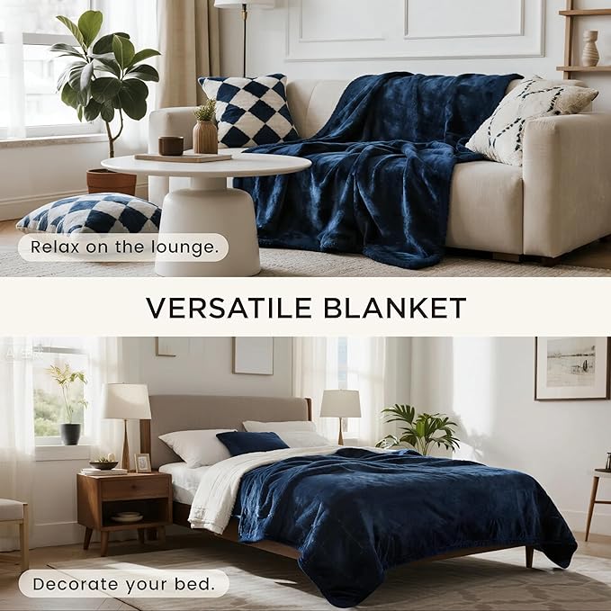 gogobunny Waterproof Bed Blanket, Reversible Sherpa Fleece Throw Blanket for Dog Puppy Cat, Furniture Cover Protects Bed Couch Sofa from Liquid Pee and Pet Fur (Navy Blue, 90x108 inches)