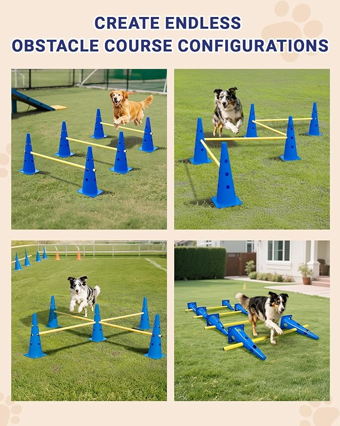 Dog Agility Course Backyard Set, Dog Agility Hurdle Cone Set with Height Adjustable Crossbar for Rehabilitation & Beginners, Dog Agility Equipment for Dog Obstacle Course - 18 Inch