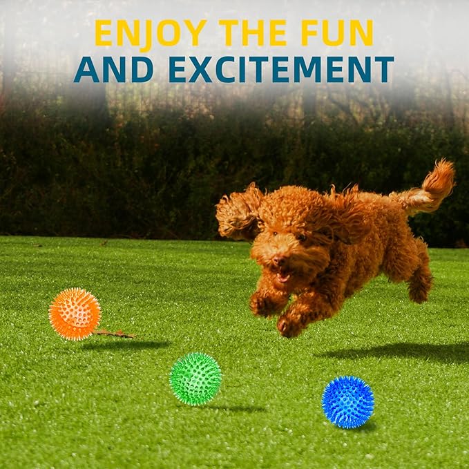 SHARLOVY 3'' Squeaky Balls for Small Dogs, 4 Colors Spiky Dog Balls for Puppy Teething, Durable Puppy Chew Toys for Teething, Indestructible Toys to Fetch and Train, BPA Free Non-Toxic