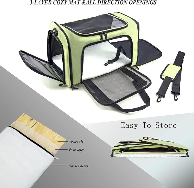 Soft Sided Carrier for Small Medium Cats Dogs,TSA Airline Approved Collapsible Travel Pet Carrier Medium Green