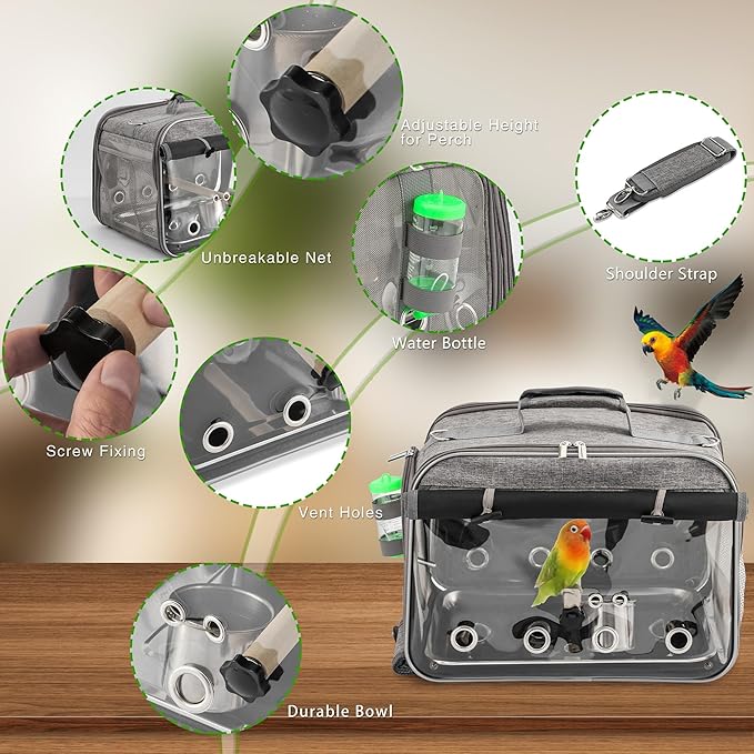 Suertree Bird Carrier Airline Approved, Bird Travel Cage with Indestructible Stainless Steel Mesh, Bird Travel Bag Lightweight and Portable with Water Bottle and Bowl