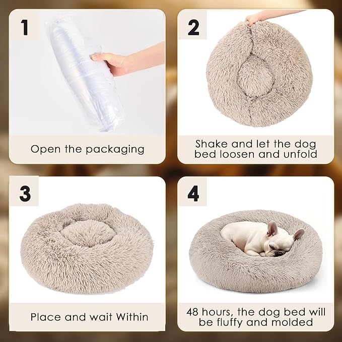 Dogs Bed for Small Dogs, Anti-Anxiety Washable Round Bed (Brown, 24.0" L x 24.0" W x 8.0" Th)