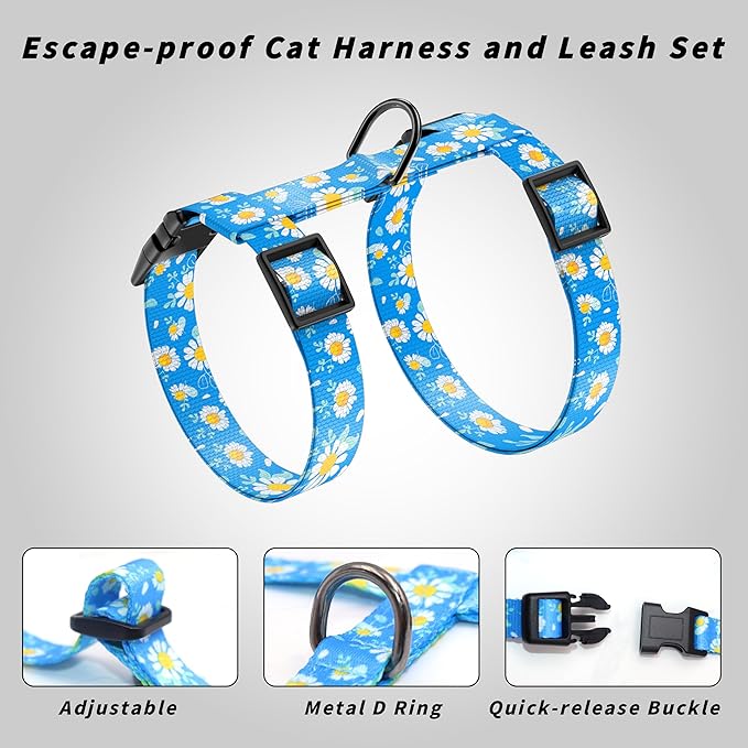 Cat Harness and Leash Set, Adjustable Kitten Harness Escape Proof Cats Harness, Soft Lightweight Walking Travel Pet Harness, Cute Kitty Harness Leash Set for Small Medium Cats, Blue Daisy