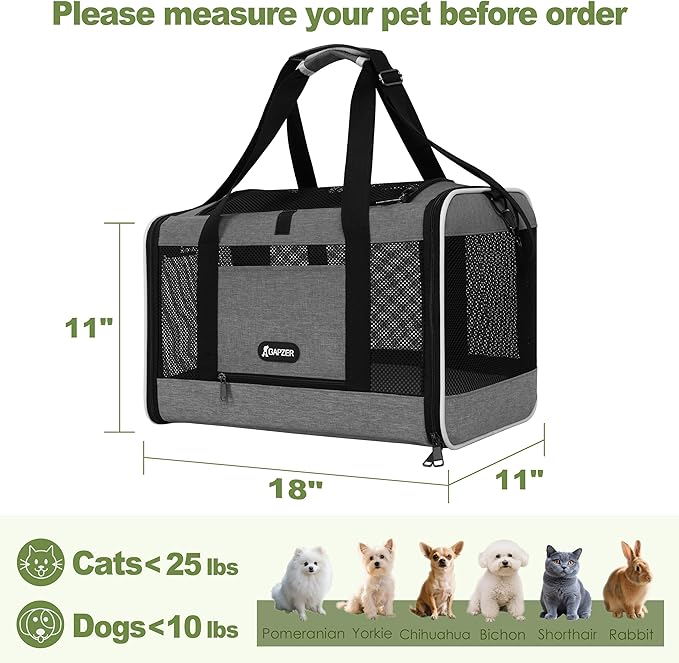 Cat Carrier 18x11x11 Top Load Soft Pet Travel Bag Over 15 lbs, Collapsible Small Dog Puppy Crate 10 Pounds, Small Animal Rabbit Kennel Carrying Case, Kitten Mesh Cage Medium Cat Under 25 Grey