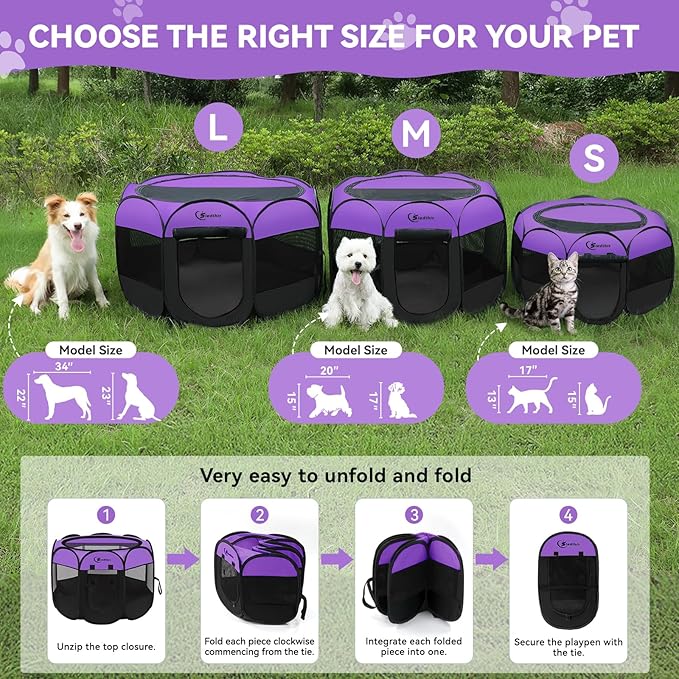 Dog Playpen, Puppy Pet Playpen, Dog Crate Tent Cage Indoor/Outdoor, Portable Pop Up Dogs Kennel Playpen with Carrying Case for Dogs/Cats/Rabbits, Purple, Medium