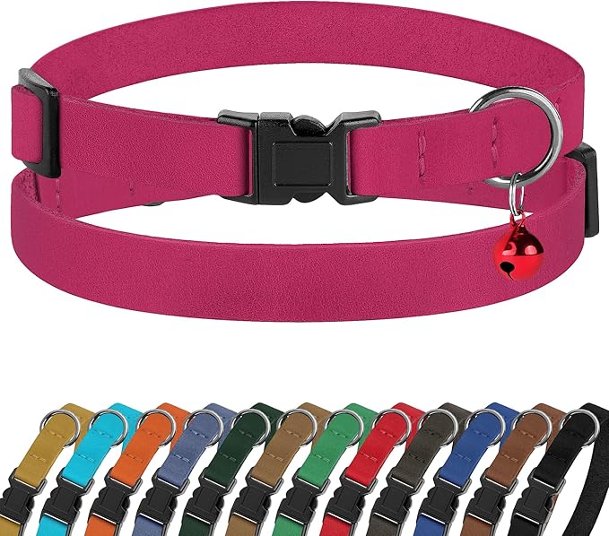 Breakaway Cat Collar Leather with Removable Bell - 13 Colors Available - Soft Adjustable Girl Boy Safety Lightweight Pet Kitten Collars Pink Brown Blue Green Red Orange Black (Pink)