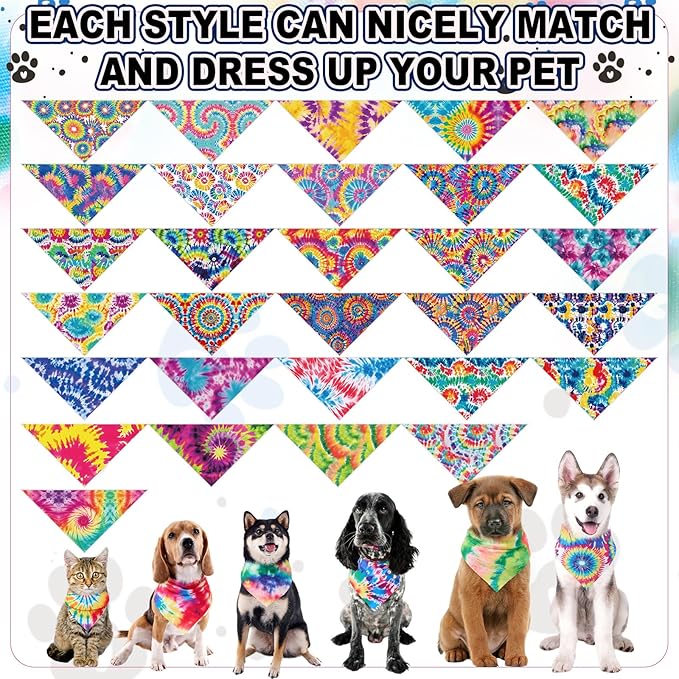 Aliceset 180 Pcs Tie Dye Dog Bandana Bulk Rainbow Bandanas for Dogs Adjustable Washable Pet Triangle Scarf Cute Paisley Kerchief Bibs for Pet Summer Costume Accessories Decorations