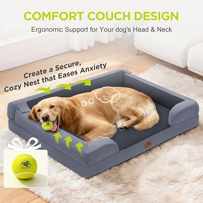 Orthopedic Dog Bed for Extra Large Dogs, XXL Waterproof Egg Crate Memory Foam Pet Bed Bolsters with Removable Washable Cover & Non-Slip Bottom, Tennis Ball Toy, 45x35