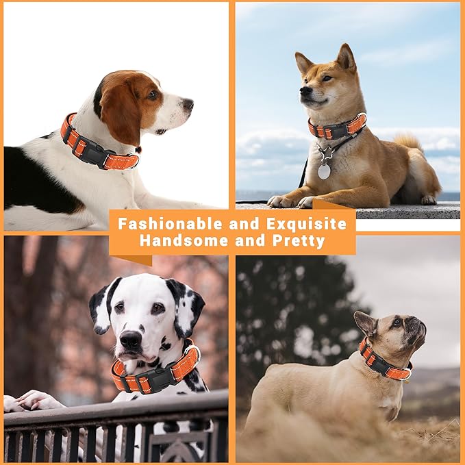 2 Pack Reflective Dog Collar with Safety Locking Buckle, Adjustable Soft Breathable Comfortable Nylon Pet Collar for Small, Medium and Large Dogs, Orange, XL