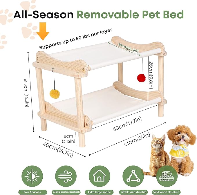 2-Layer Cat Hammock Bed, 24"x15.7"x16.3" Elevated Cat Bed with Pine Wood Frame, Breathable Washable Covers, Wooden Pet Furniture for Indoor Cats and Small Animals(White-2)