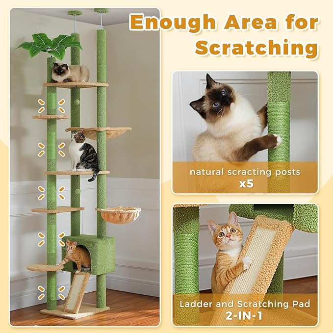 PETEPELA Floor to Ceiling Cat Tree, Adjustable 90.5''-100.4'' Cat Tower Cactus Climbing Tree with Scratching Posts, Spacious Condo and Large Hammock for Indoor Cats Large Adult, Green