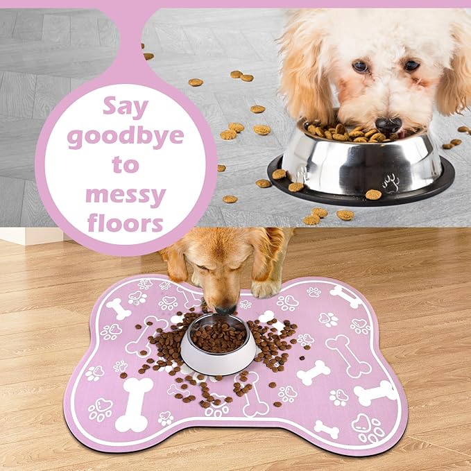 Dog Cat Mat for Food and Water,Rapid Absorbent Pet Feeding Mat, Bone Shaped Dog Placemat Bowl Mat with Rubber Backing,No Stains Pet Food Mats Indoor, Pet Accessories Supplies,Pink 17"×29"