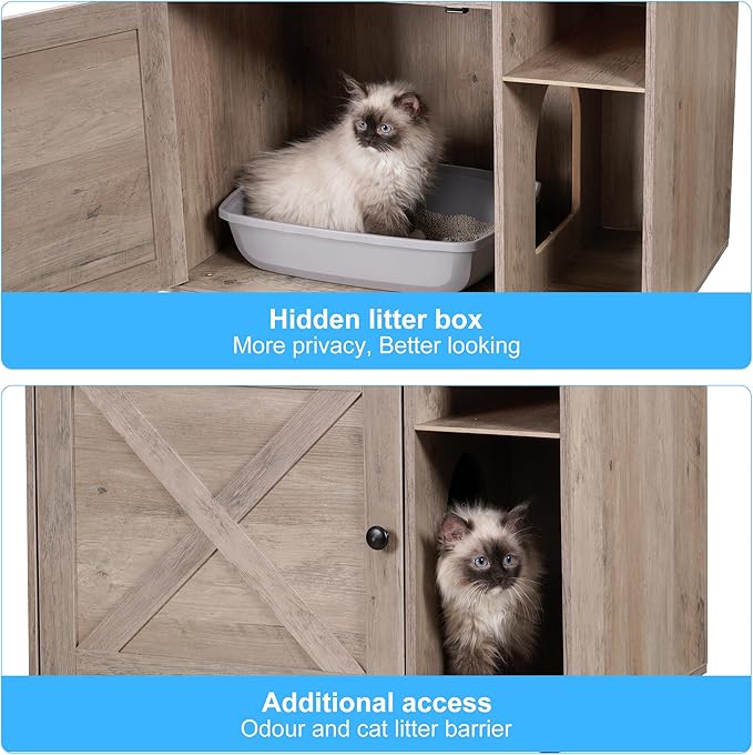 Hey-brother Cat Tree with Litter Box Enclosure, Modern Cat Tower for Indoor Cats with Large Platform, Condo Food Station and 2 Hammocks, All-in-one Cat Furniture, Wood Rustic Gray MPJ115SG