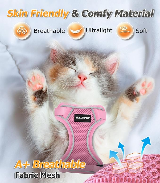Halypet Cat Harness and Leash Set [MAX Safety 4th-Gen Upgrade] Escape Proof Adjustable Cat Leash Comfortable Soft Vest Easy to Wear Kitten Harness with Reflective Strip for Cats Walking, M Pink