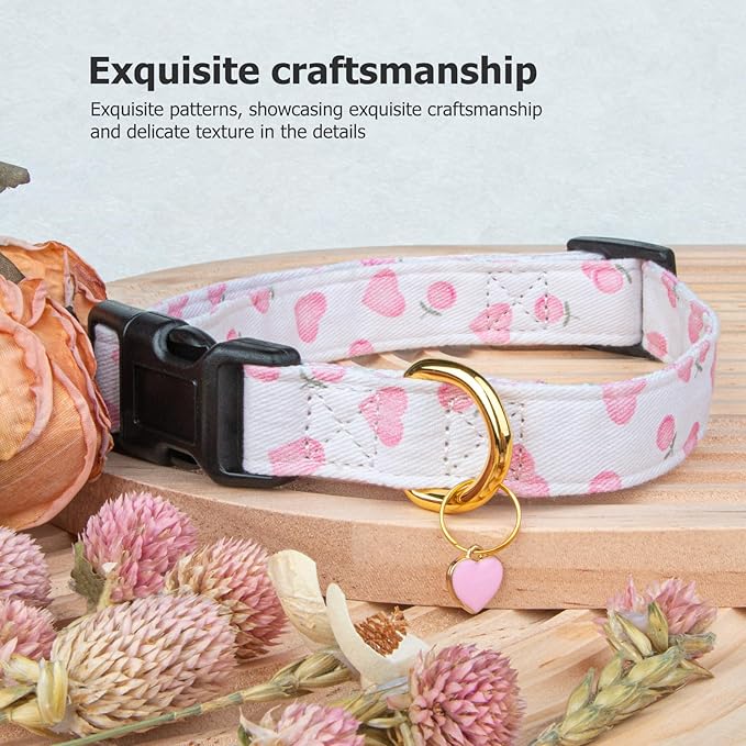Cotton Handmade Dog Collar Cute and Distinctive Patterns White and Pink Love Heart with Pendant for Girl Boy Dogs Collars L