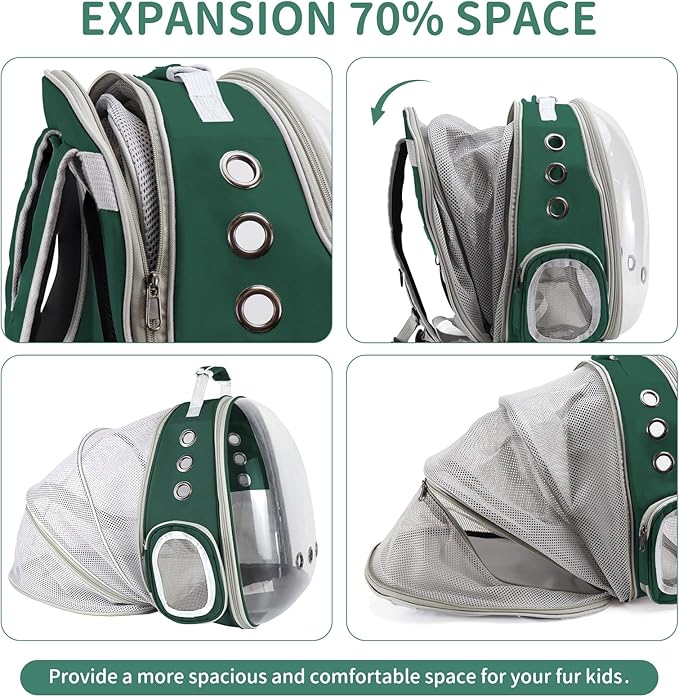 Cat Backpack Carrier, Back Expandable Pet Backpack with Bubble Window, Airline Approved Pet Travel Bag for Small/Medium Cats & Puppies, Hiking, Camping, Outdoor Use (Green)