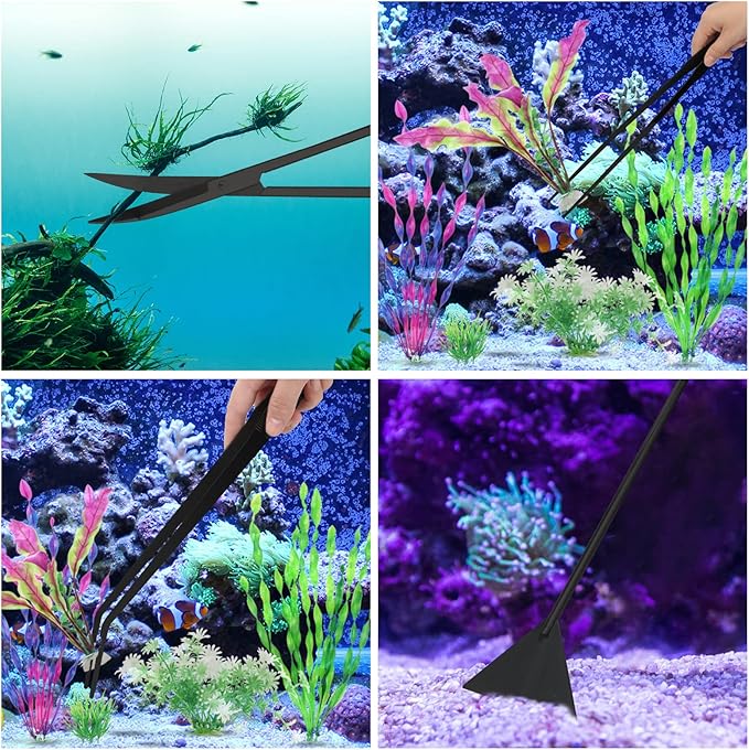 Aquarium Aquascape Tools Kit 15in, 4 in 1 Anti-Rust Aquatic Plant Aquascaping Tool Stainless Steel Tweezer Scissor Spatula for Aquarium Tank Clean Fish Tank Aquascape Accessories Set (black)