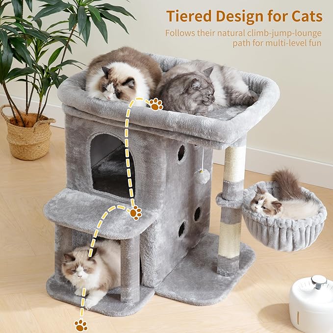 Heybly Cat Tree, 25.6-inch Cat Tower with Spacious Top Perch for Large Cats, Stair-Style Cat House Furniture with Dual-Layer Condos, Sisal Scratching Posts, Cozy Basket & Pompom, Light Gray HCT204SW