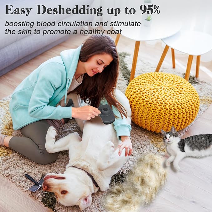 Self-Cleaning Deshedding Brush for Dogs & Cats - Skin-Friendly Grooming Tool with Hair Brush for Long and Short Haired Pets, Grey