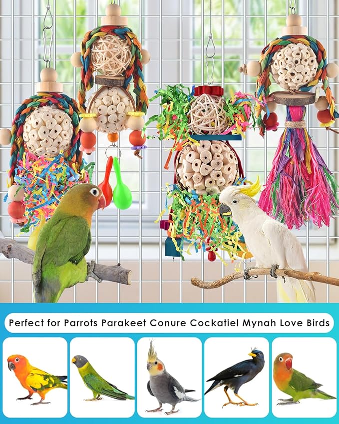 Bissap Conure Toys, 4 PCS Bird Parrot Foraging Shredder Hanging Toys Sola Balls with Sand Hammer for Small Parrots Parakeets Conures Cockatiels Love Birds Cage Toy
