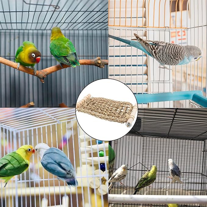 FlidRunest Conure Ladder Perch for Cage, Bird Seagrass Ladder Bridge Exercise Stands, Natural Hand-Woven Parrot Net Climbing Chewing Hammock, Cage Accessories for Lovebird Conure Budgie Parakeet