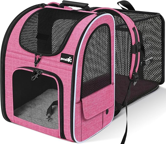 Pecute Cat Backpack Carrier Expandable, Pet Backpack for Cats & Small Dogs Up to 11lbs, with 4-Side Breathable Mesh, Multi-Entry & Lockable Zippers for Travel, Hiking, Camping - Hands Free, Pink