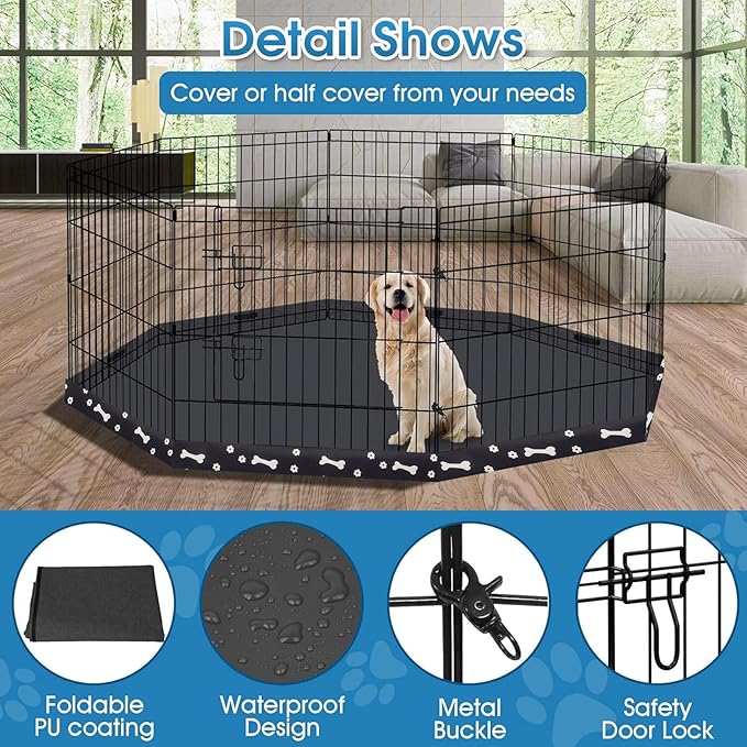 Dog Pen Pet Playpen Dog Fence Indoor Foldable Metal Wire Exercise Puppy Play Yard Pet Enclosure Indoor Outdoor 8 Panels 24 Inch with Bottom Pad (Bottom Cover Fence with Printing)
