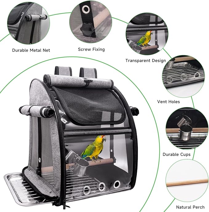 Bird Carrier Bag with Perch, Bird Travel Carrier Backpack with Stainless Steel Plate and Mesh, Portable Transparent Parakeet Travel Cage with Feeder Cups for Small Birds Parakeet Parrot