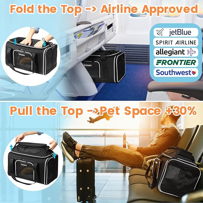 Petskd Top-Expandable Pet Carrier 17x12x8.5 Inches JetBlue Allegiant Spirit Airline Approved, Soft-Sided Carrier for Small Cats and Dogs with Locking Safety Zippers and Anti-Scratch Mesh(Black)